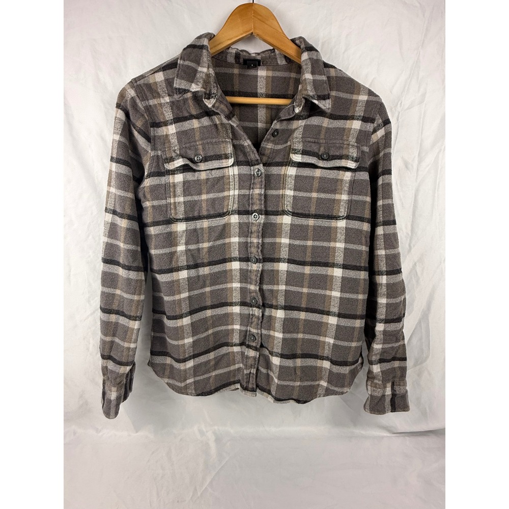Patagonia Womens Organic Cotton Flannel Shirt Grey Tan Plaid Button Down‎ S